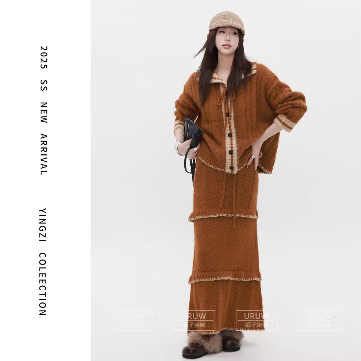 2026定制柏林庄园撞色翻领针织毛衣开衫女高腰长裙两件套装女