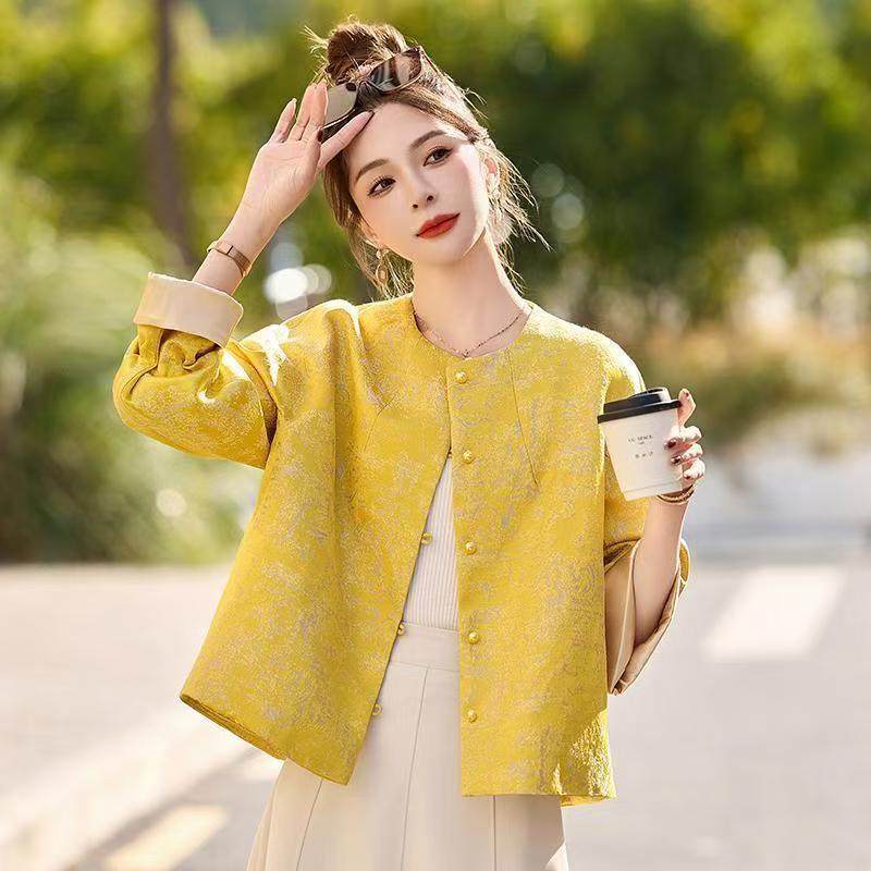 2026春秋新款高端感黄色复古新中式国风圆领短外套优雅唐装上衣女,女装/女士精品,短外套,淘宝优惠券,粉丝福利购,淘宝优惠卷