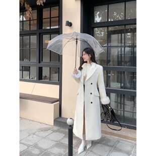 法式名媛气质过膝中长款呢子大衣女秋冬季毛毛袖套高级感毛呢外套