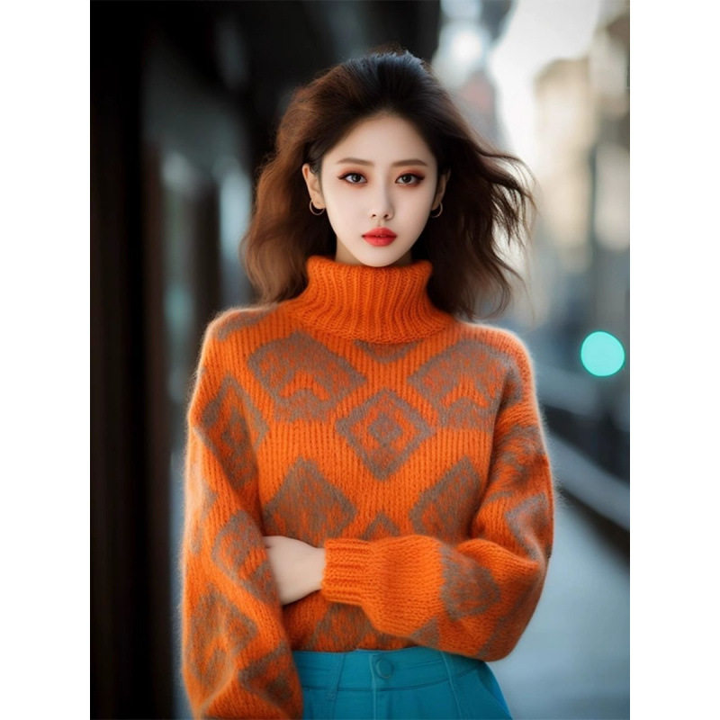 清仓捡漏一线品牌专柜秋冬南瓜色高盖领针织漂亮香风橘色提花毛衣