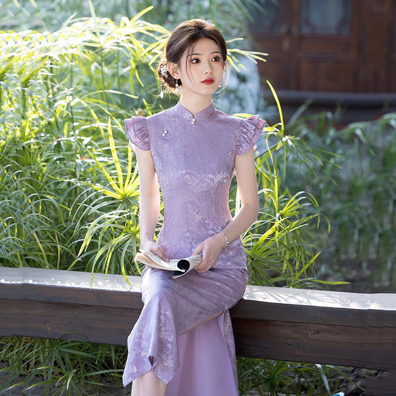 紫色送考国风新中式长款旗袍改良年轻款女高级感复古修身礼服夏季