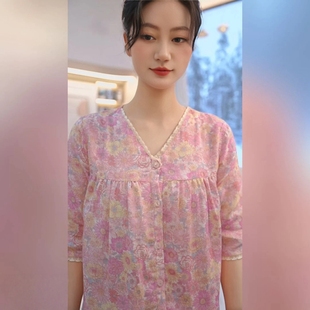 韩版 纯棉半袖 睡衣女士新款 气质碎花V领开衫 可外穿 长裤 家居服套装