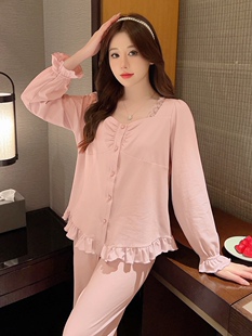 粉色新款 套装 网红风可外穿家居服 莫代尔棉长袖 睡衣女春秋款