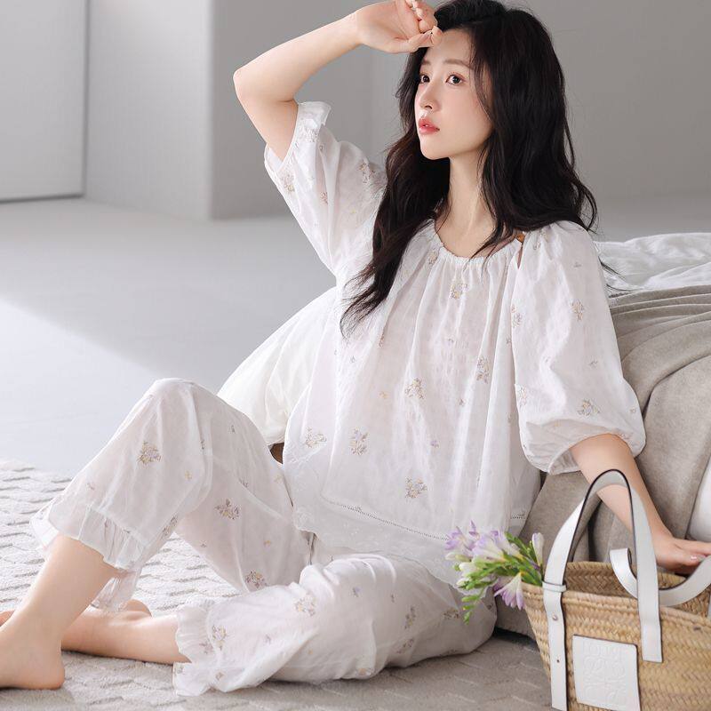 半袖长裤带胸垫睡衣女夏季新款休闲慵懒风圆领碎花套头家居服套装