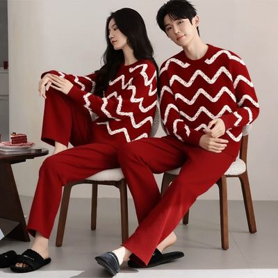 新款本命年喜庆结婚新婚半边绒加绒加厚情侣睡衣可外穿家居服套装