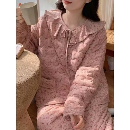 冬季珊瑚绒睡衣女加绒加厚三层夹棉公主风小碎花家居服可外穿套装