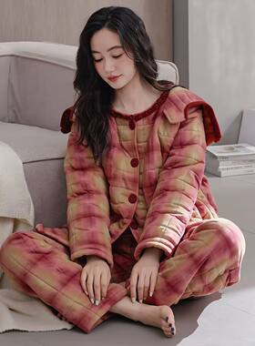 睡衣女士秋冬季新款加厚保暖夹棉袄红色格子连帽开衫家居服可外穿