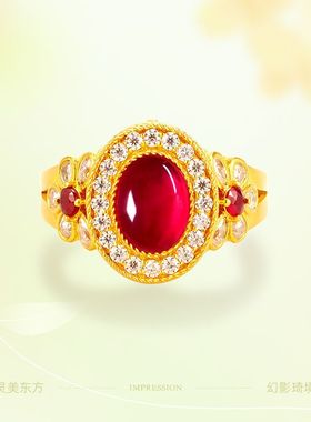 (推荐)小众设计感一眼万年黄金色戒指镶嵌红锆石定制戒指
