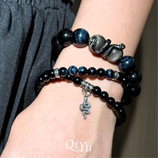 男生天然银黑曜石蓝虎眼手链水属性手串蛇本命年首饰情侣生日礼物