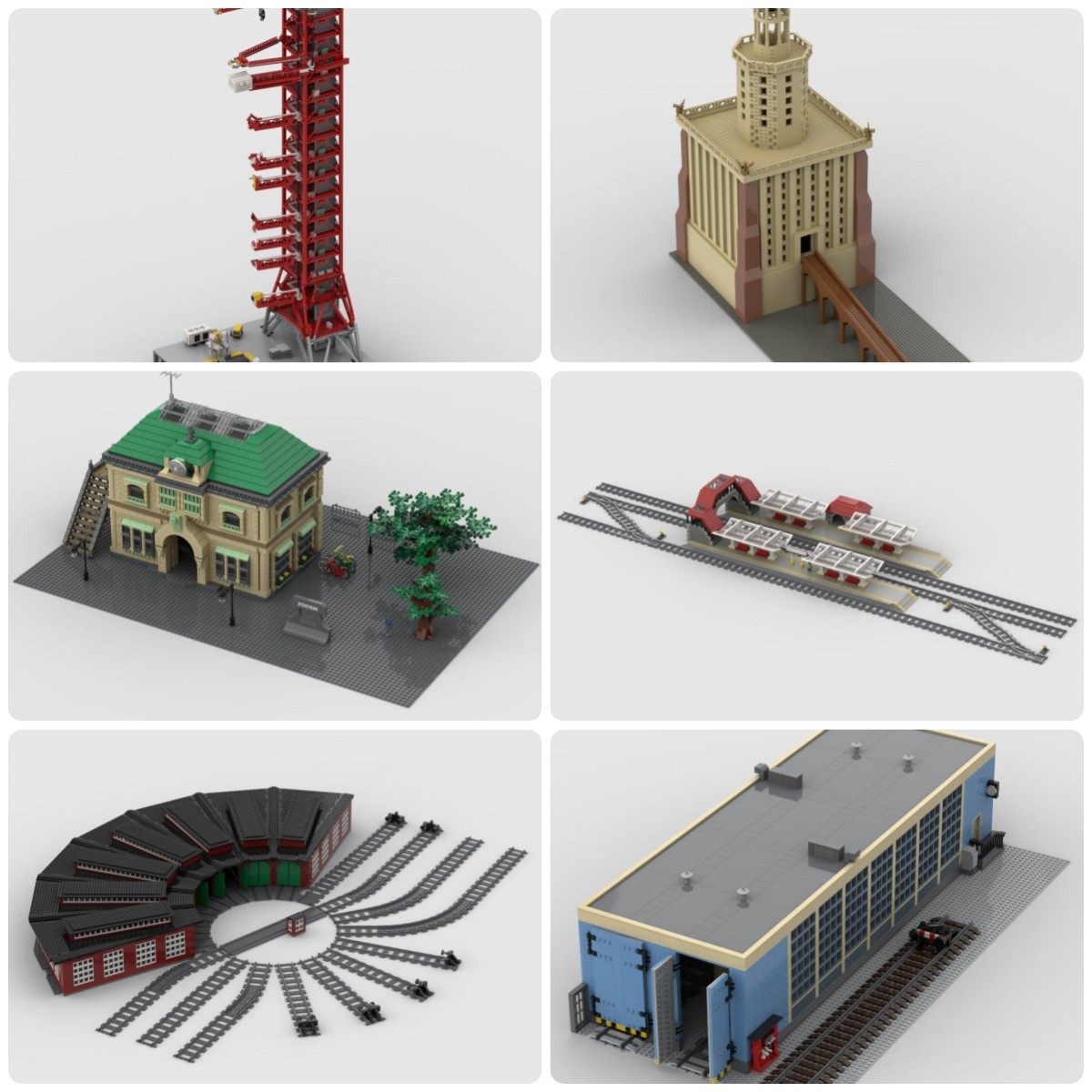 定制积木创意设计新款儿童拼装玩具火车站灯塔火箭发射架列车棚