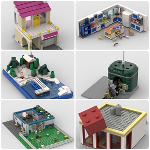 定制积木创意设计拼装玩具车库报刊亭商店动物游戏中心冬季屋厨房