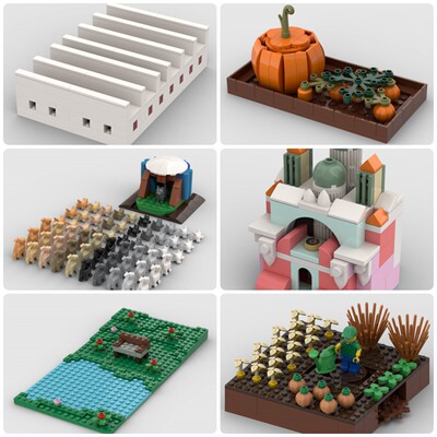 定制积木创意设计玩具农民灌溉南瓜园公园珊瑚神庙加油充电站狗窝