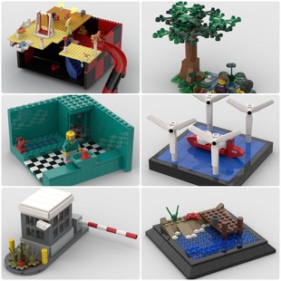 定制积木创意设计安全门小海滩与华夫风力涡轮机和船舶洗澡时间