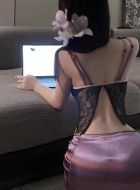 奢华诱惑gogo内衣2024新款性感睡衣制服蕾丝包臀裙紫色韵味御姐吊