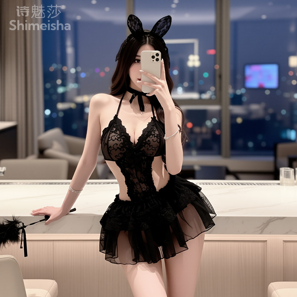 【奢华魅惑】酒吧DS演出服：女网纱刺绣三点式透视性感套装制服诱