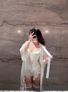 奢华诱惑gogo高级法式蕾丝花边缎面性感高叉连体内衣钢圈聚拢塑身
