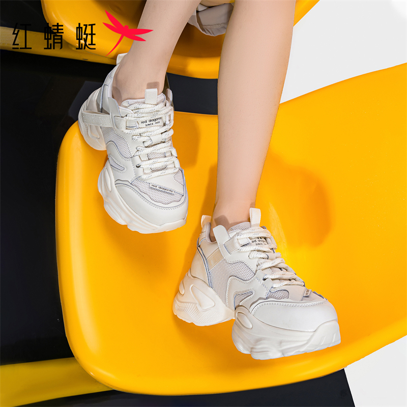 红蜻蜓厚底网面老爹鞋女款2025新款夏季休闲白色运动鞋炸街欧洲站