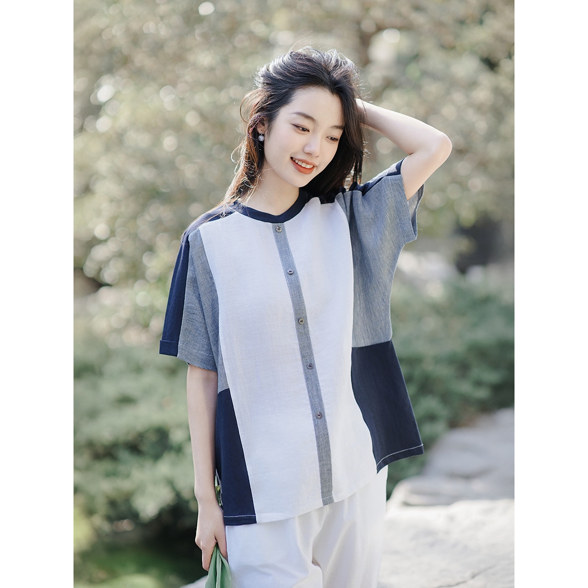 棉麻女装夏季新款设计感短袖T恤女高级感拼接亚麻上衣
