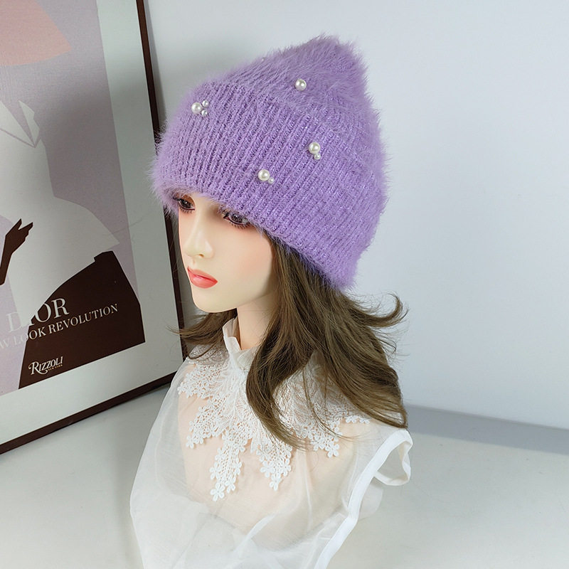 长毛貂绒毛线帽女冬季珍珠日系韩版百搭雪地护耳保暖防寒针织帽子