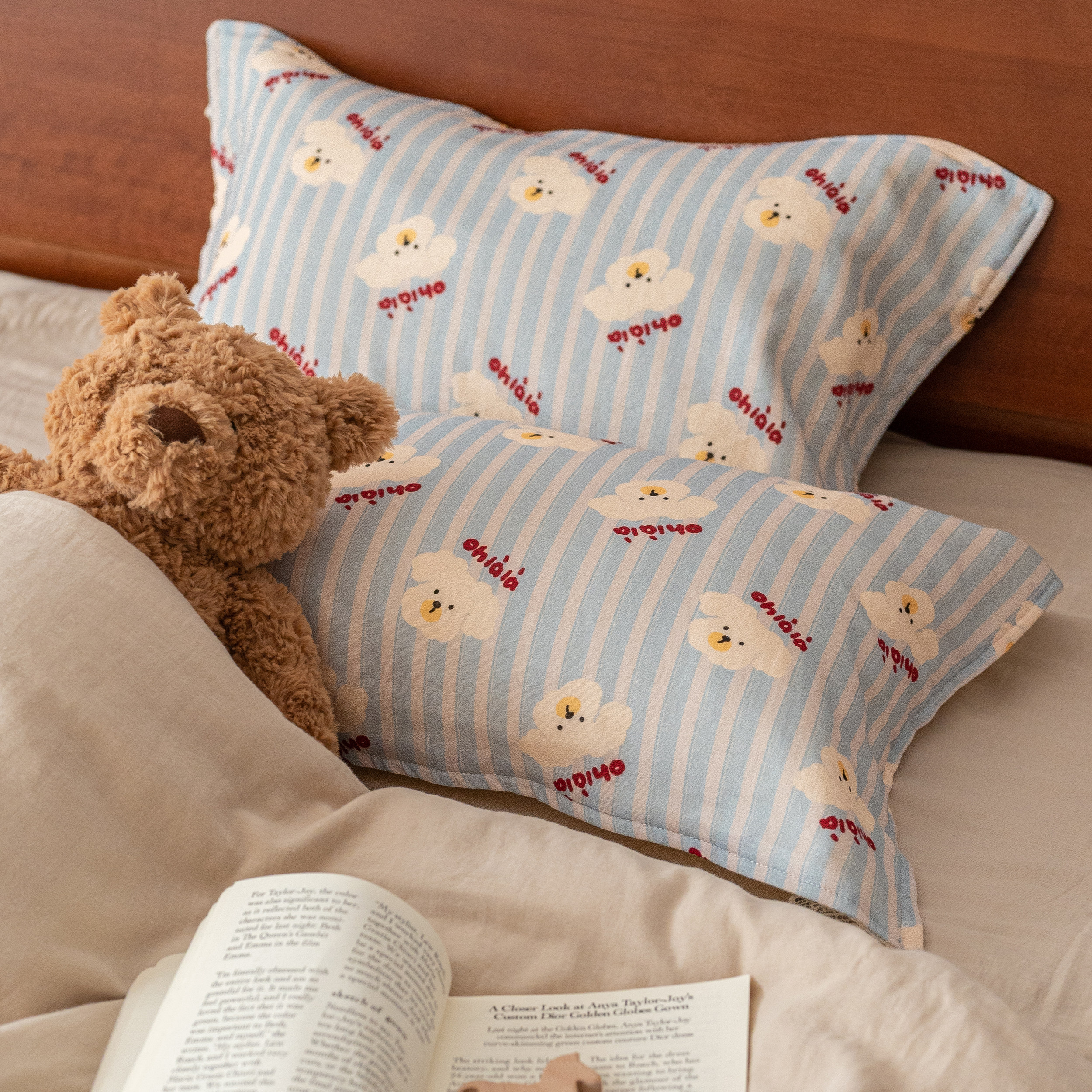 条纹小狗儿童枕巾纯棉六层纱布