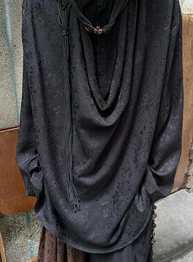 以休眠 复古日系垂坠感花卉刺绣设计感山本耀司风堆叠长袖衬衫