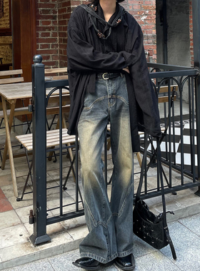 以休眠 经典复古小众结构设计怀旧水洗做旧微喇叭牛仔裤长裤