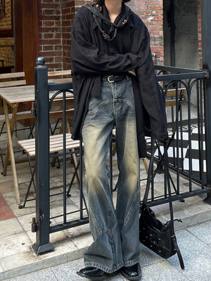 以休眠复古长裤水洗微喇叭牛仔裤