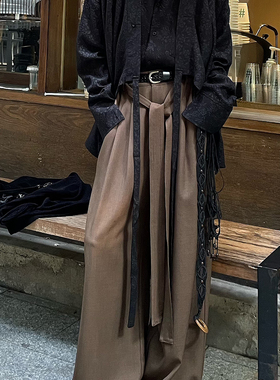 以休眠 复古日系垂坠感压褶绑带设计感阔腿裤飘带拖地堆叠西裤