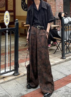 以休眠 复古小众新中式日系水墨花卉阔腿裤拖地堆叠西裤休闲长裤