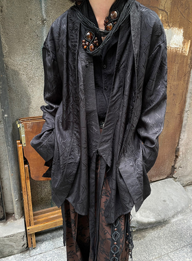 以休眠 复古新中式竹叶刺绣飘带山本耀司风叠层道袍长袖衬衫外套