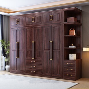 乌金木实木衣柜带顶柜转角柜新中式轻奢国潮卧室三四五六门衣橱