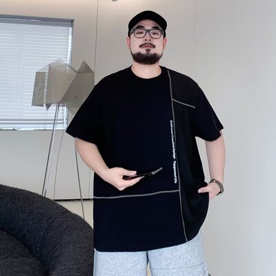 美式高街潮流设计感拼接短袖男宽松大码圆领半袖夏季薄款体恤