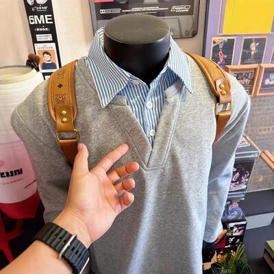 男士假两件毛衣冬季加厚保暖爸爸2024新款衬衫领针织衫