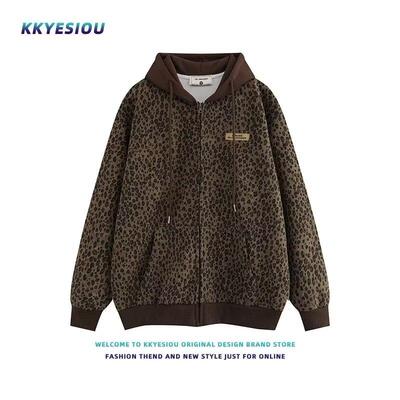 秋日美拉德棕色豹纹连帽开衫卫衣男女美式复古高级感宽松外套