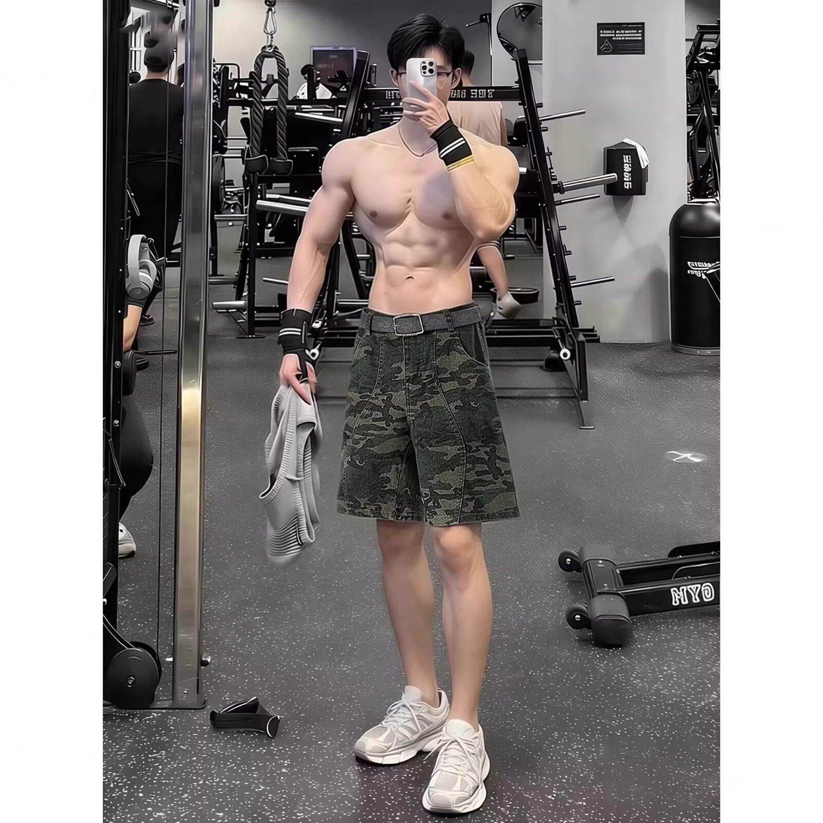 复古迷彩工装牛仔短裤男款潮流夏季青少年vibe直筒阔腿五分裤美式