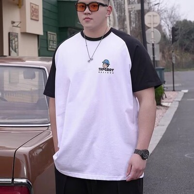 卡通印花夏季新款短袖男重磅拼色插肩袖上衣潮流情侣t恤衫印花