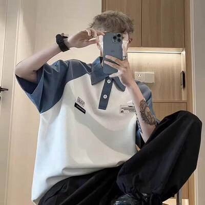 polo衫男士短袖夏季日系潮牌重磅纯棉t恤学院风撞色宽松半袖体恤