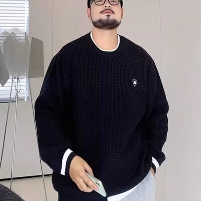 假两件毛衣男春秋圆领潮牌宽松慵懒打底线衫日系加肥加大复古针织