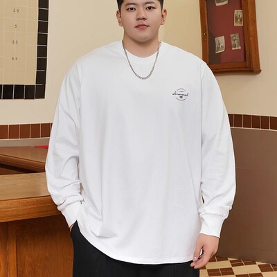 潮牌大码秋季纯棉圆领长袖T恤男士胖子宽松加肥加大休闲打底衫