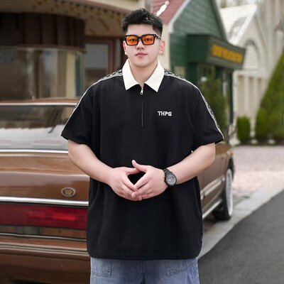 时尚潮牌大码男装夏季新款半拉链短袖翻领polo衫胖子宽松休闲半袖