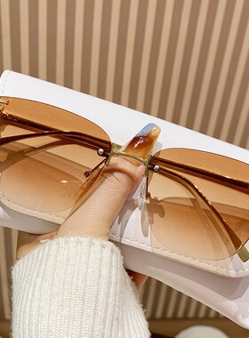 跨境欧美无框切边太阳镜字母F家ins时尚潮流大牌女士小香茶色墨镜