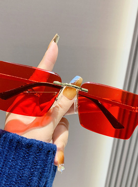 欧美新款太阳镜曲面无框切边金属架女士墨镜miu装饰太阳眼镜时尚