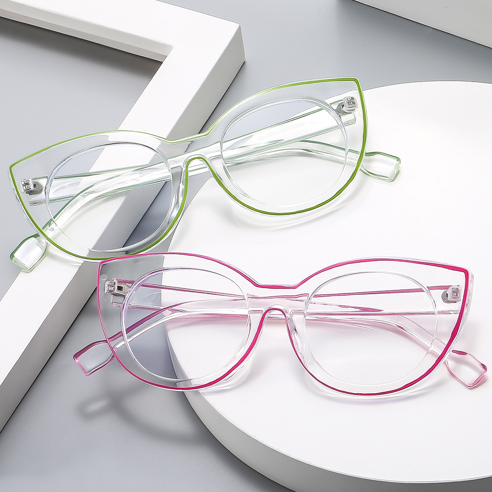 新款透明框描线平光镜防蓝光跨境欧美眼镜架女士猫眼潮流街拍眼镜