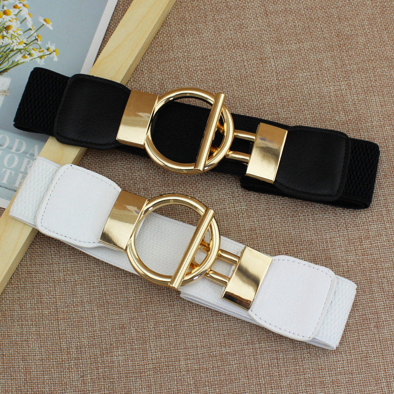 4cm连衣裙束腰弹力松紧宽腰封简约金色圆扣女式装饰腰带四个尺寸