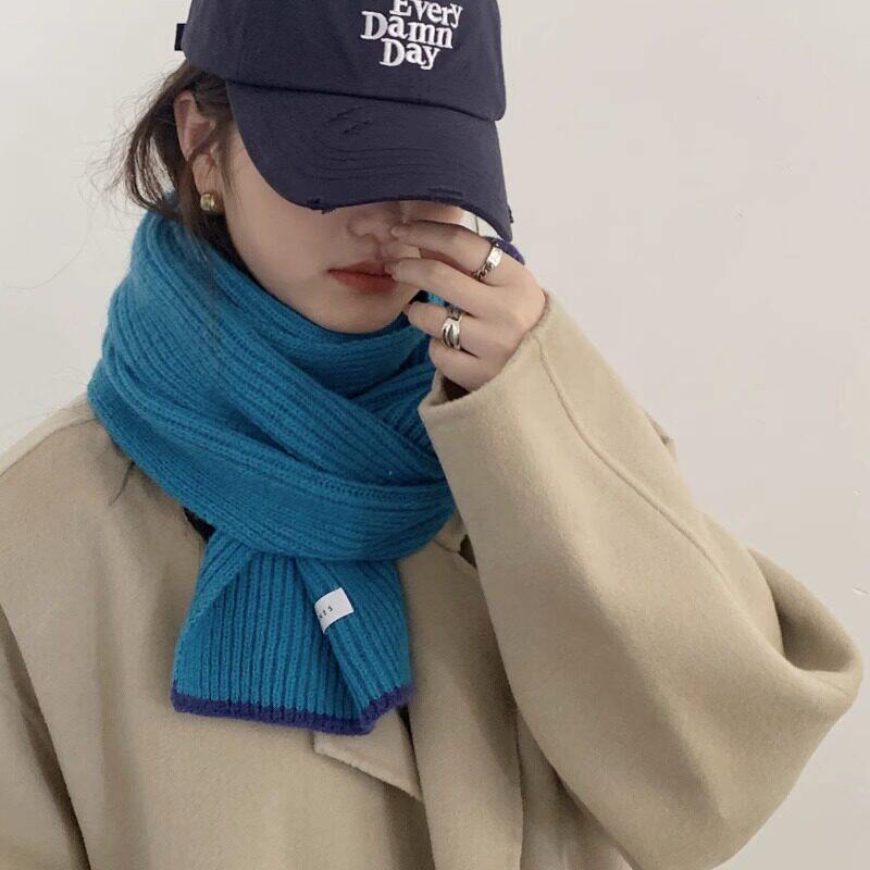 纯色显白针织围巾秋冬季女韩版百搭保暖简约百搭纯色新款蓝色围脖