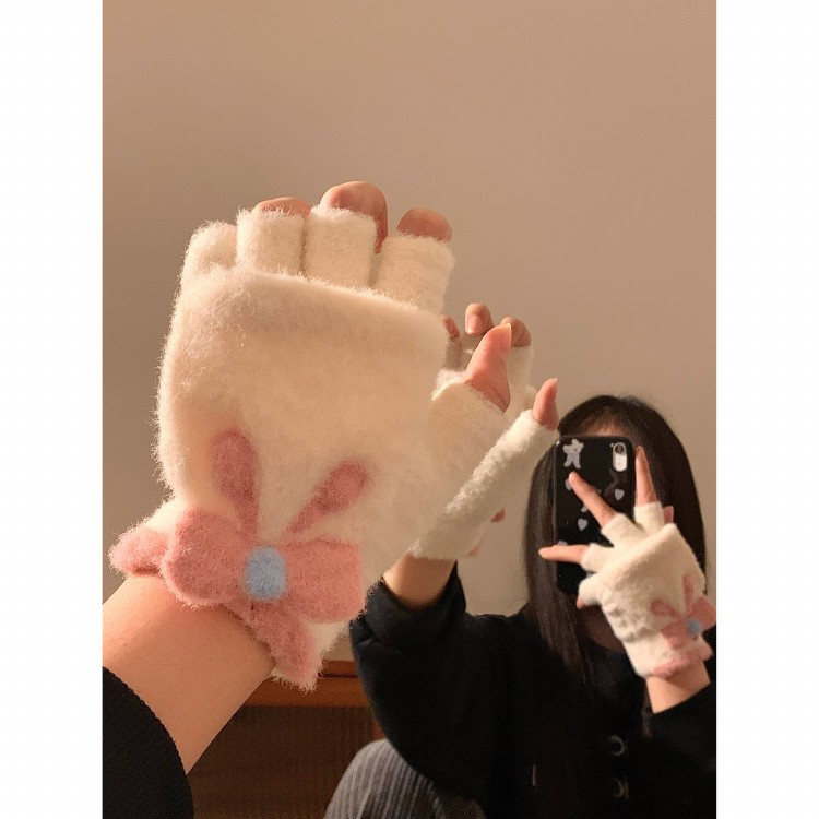 可爱半露指翻盖毛绒针织手套女冬季保暖骑行加绒加厚学生写字触屏