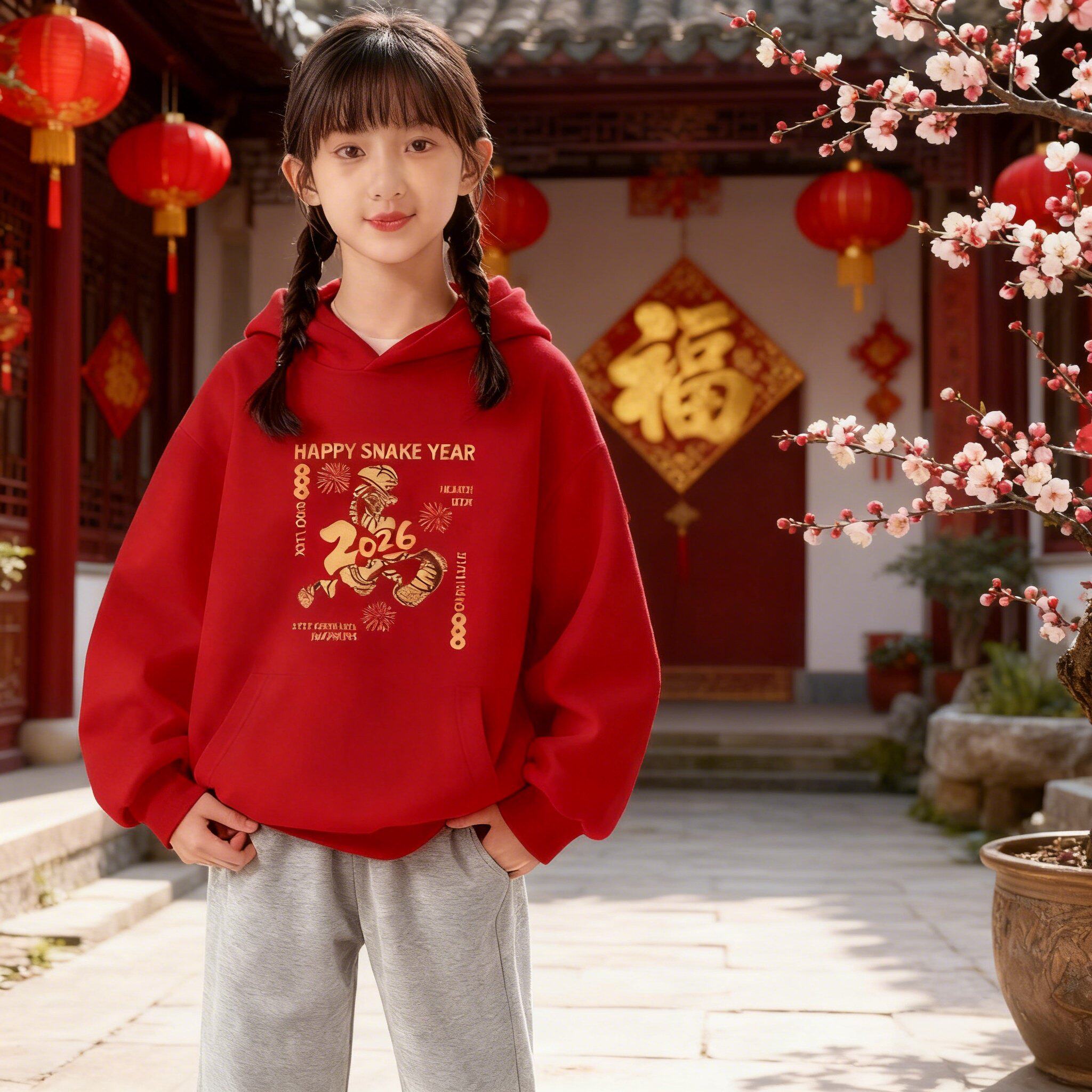 2026马年本命年12岁女孩衣服新年女童红色卫衣套装男童过年拜年服