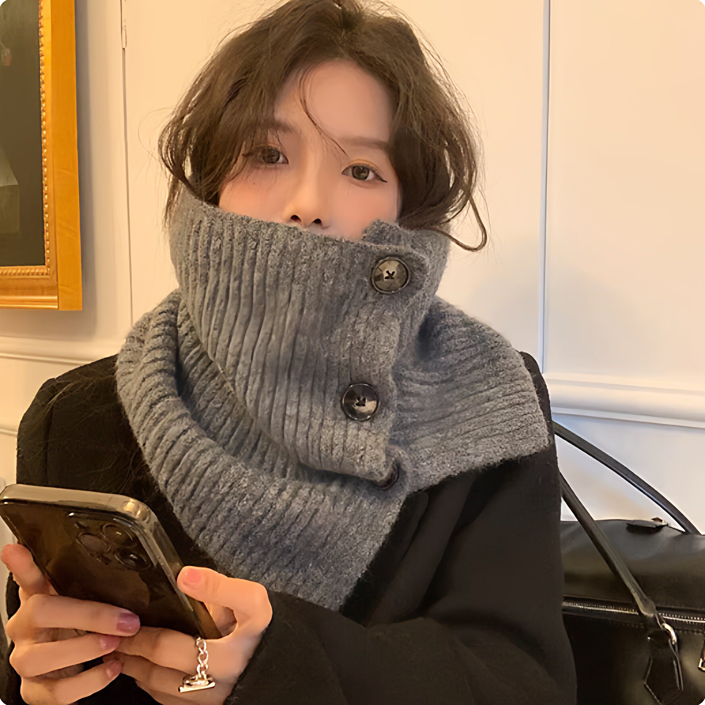 网红款时尚针织套头围脖高领加厚保暖纽扣围巾秋冬纯色护颈假领子