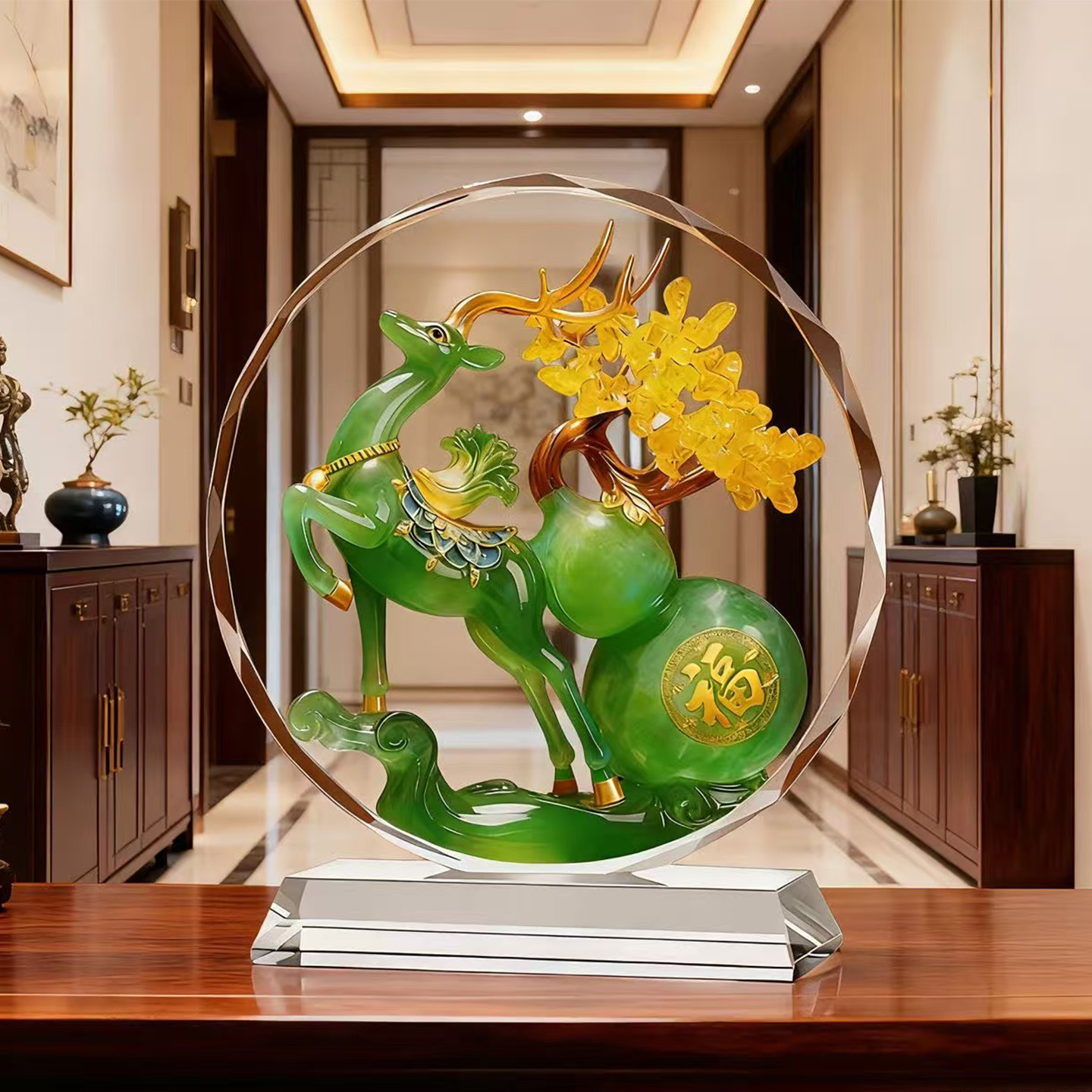 一鹿发财水晶摆件寓意装饰画翠玉葫芦开业乔迁送礼玄关办公室摆台