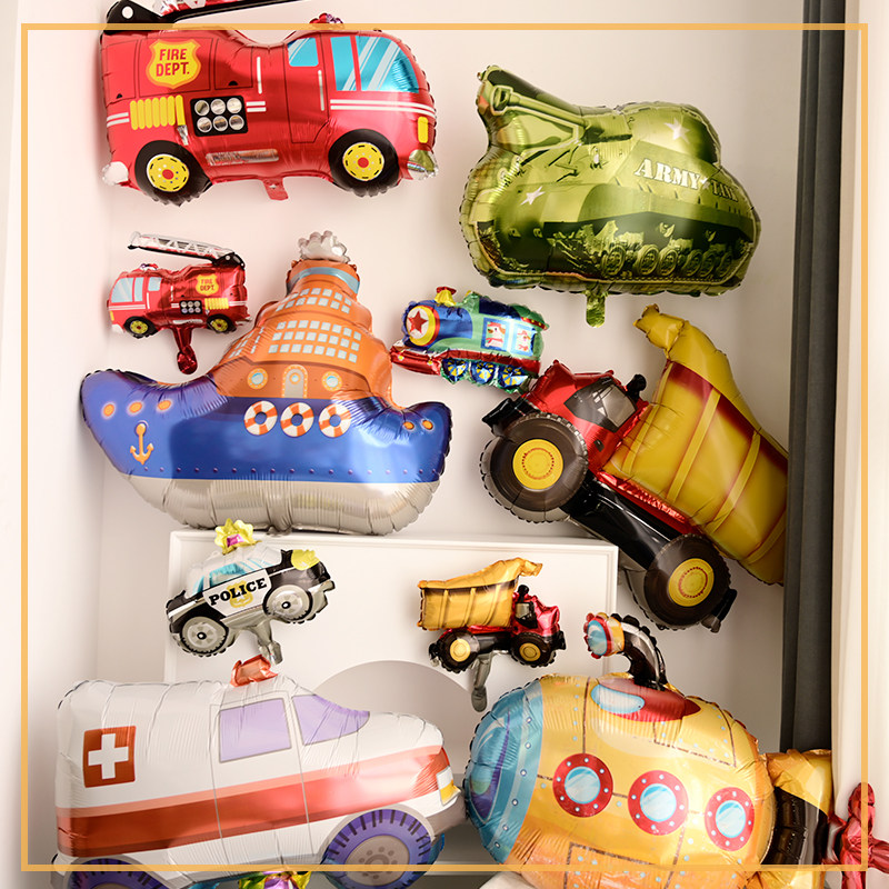 汽车工程车铝膜气球坦克车消防车警车造型男孩周岁生日背景墙派对